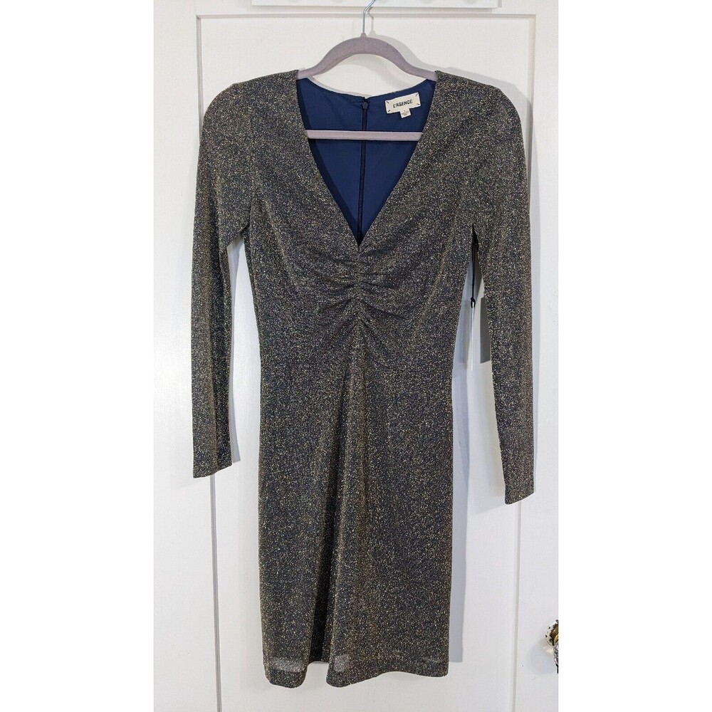 L'Agence DRIES Gold/Blue Metallic Ruched Long Sleeve V-Neck‎ Mini Dress Size 2